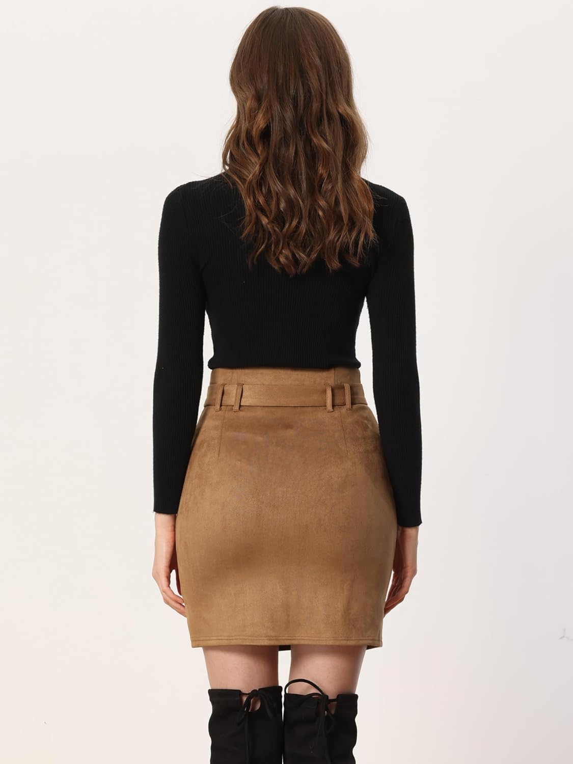 Allegra K Faux Suede Skirt for Women's High Waist Casual Belted Pencil Skirts - Image 2