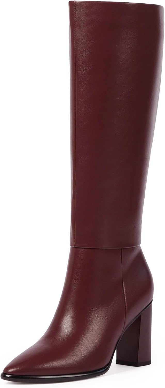 Knee High Boots Women Pointed Toe Chunky Heel Fall Tall Boots Side Zipper Faux Leather Long Boots for Women