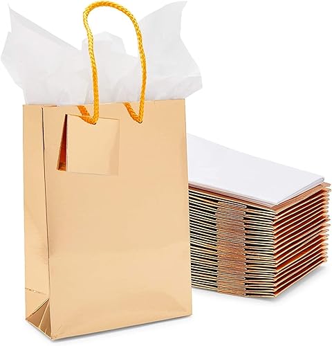 Sparkle and Bash Paquete de 20 mini bolsas de regalo doradas metálicas, pequeñas, de 5.45 x 7.8 x 2.45 pulgadas con asas y papel de seda, ideales