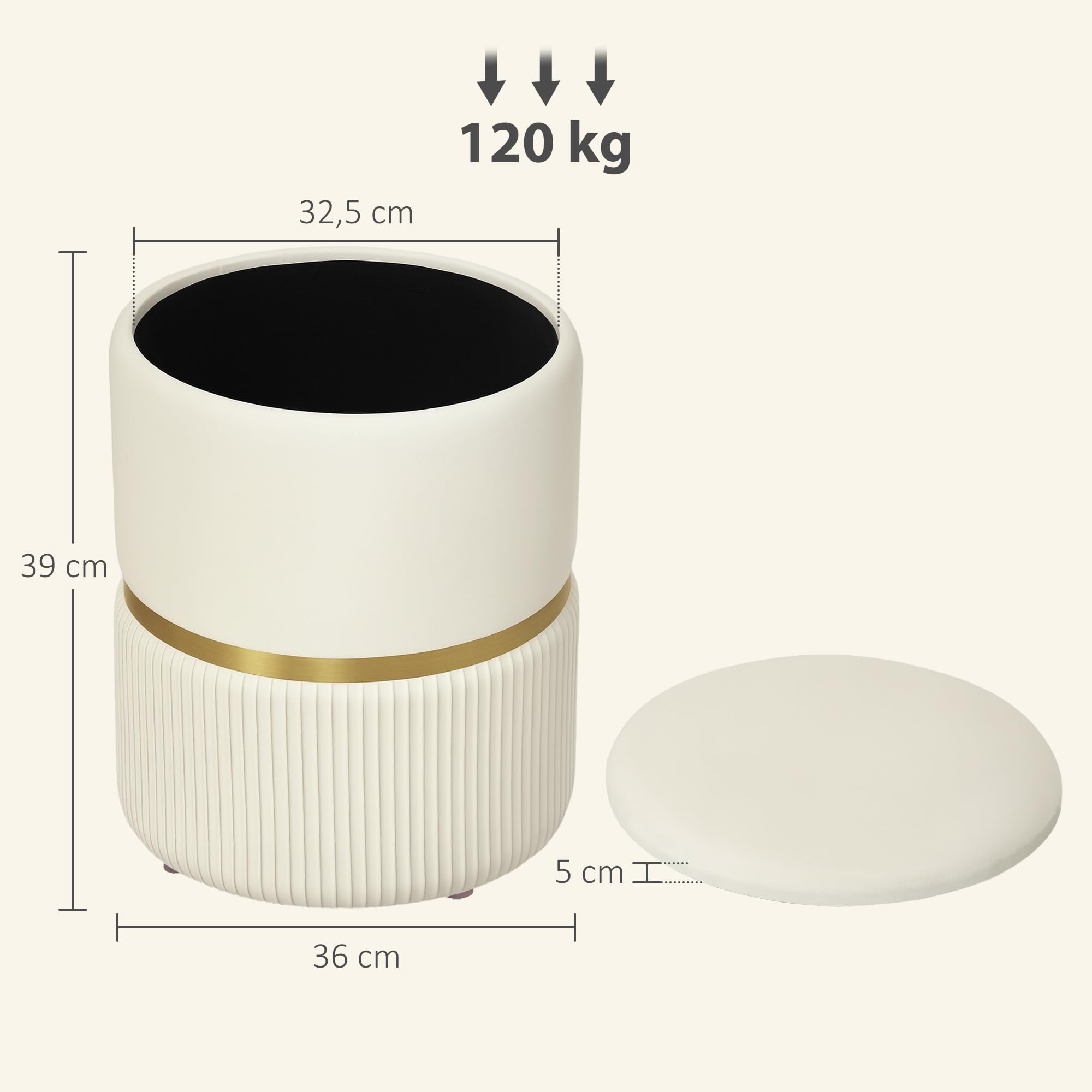 HOMCOM Pouf Tabouret Repose-Pied, Coffre de Rangement, en Velours Côtelé, Design Moderne, 36 x 36 x 44 cm, pour Salon, Chambre, Beige