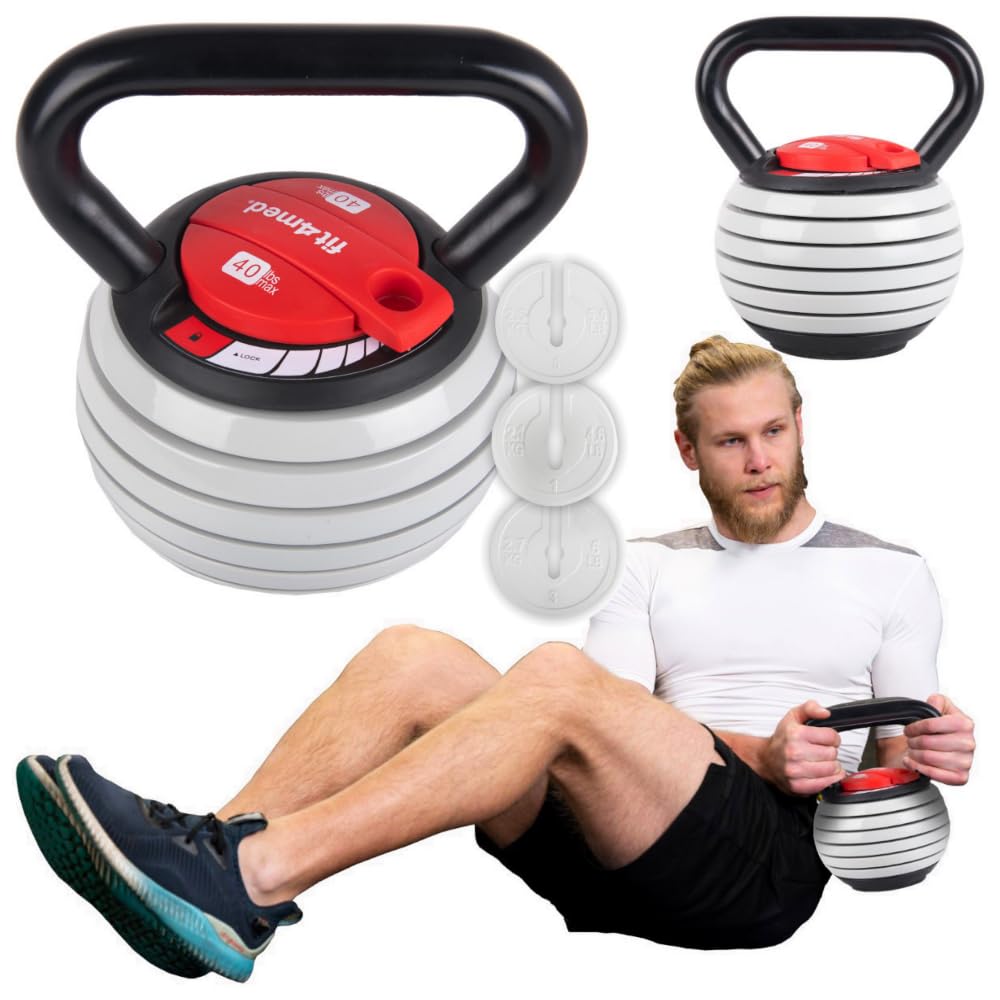 Regulowany Kettlebell, Żeliwny z ABS, 3,5-18,1 kg, 6 Talerzy Obciążeniowych, 28 cm Wysokości, Czarny, Model FIT-954