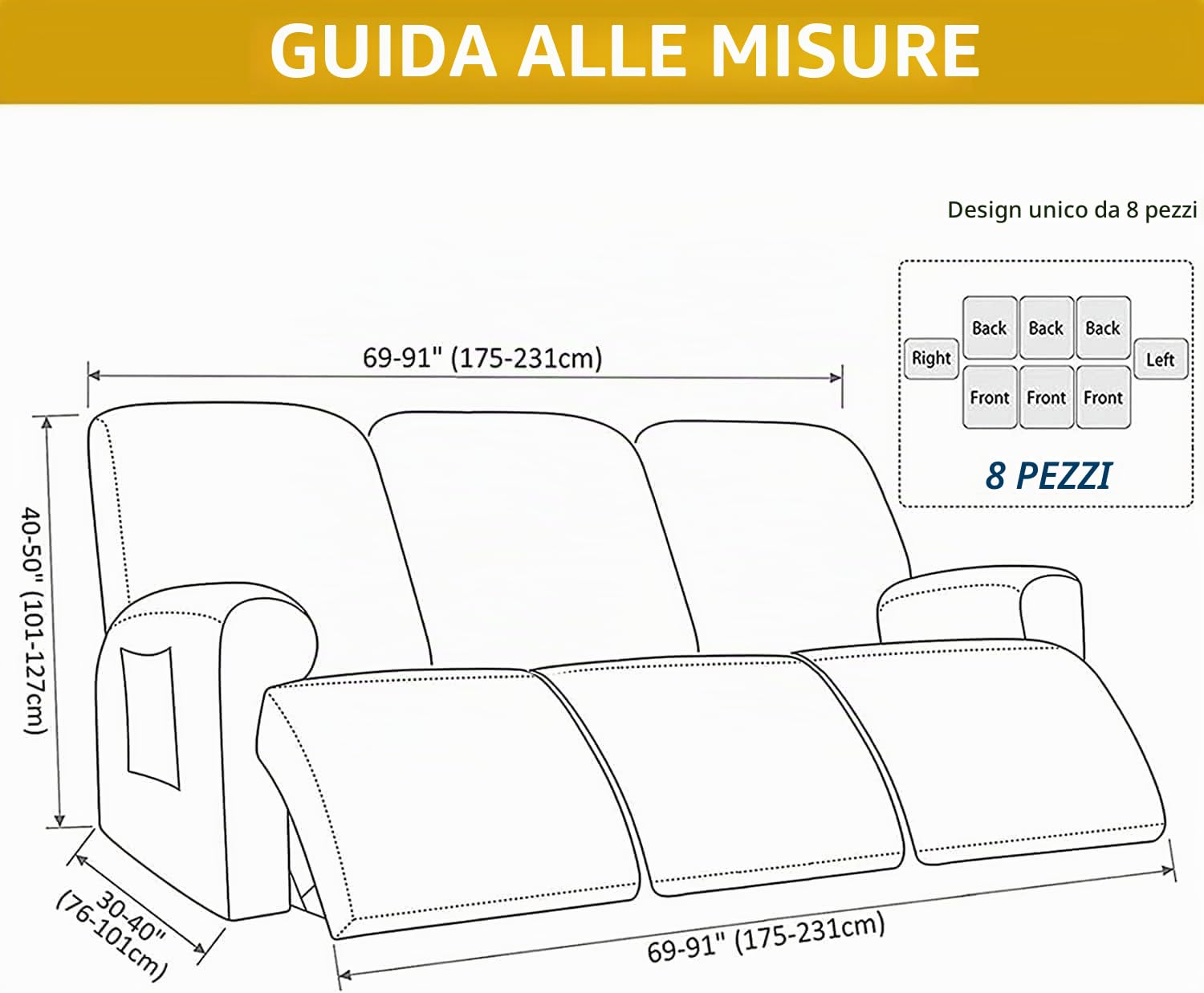 Copripoltrona Relax reclinabile Elasticizzata, 1 2 3 posti Copridivano Poltrona Relax Antiscivolo Copertura Fodera per Poltrona reclinabile con Tasca(M,3 Seat (8pcs))