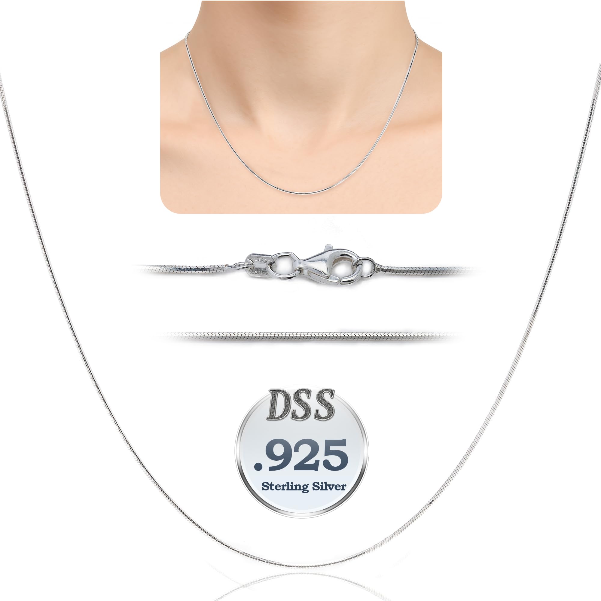 DSS 925 Sterling Silver Necklace for Women, 8 Sided Snake Chain 1mm, Lobster Claw Clasps, Sterling Silver Chain, Italian Jewelry for Women, 16in - 30in