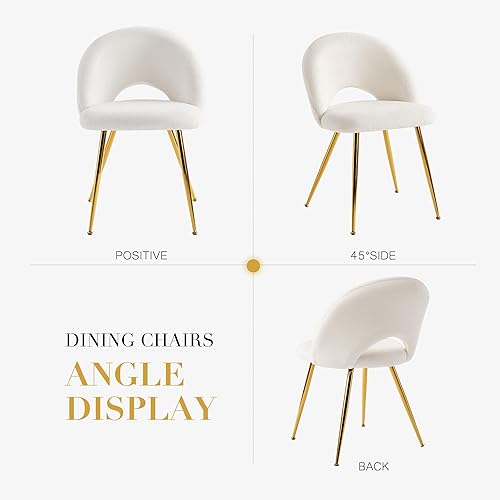 Miniatura 6 de Boucle - Juego de 2 sillas de comedor, modernas sillas de comedor tapizadas de sherpa con patas de metal dorado, sillas laterales redondas de piel