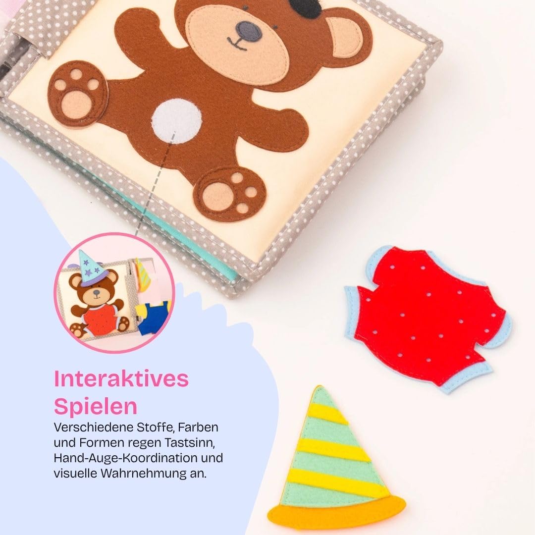 Jolly Designs – Happy Bearsday - 6 Seiten Mini Quiet Book – Montessori Spielzeug ab 1 Jahr – Motorik & Sensorik fördern – Handgefertigtes Filzbuch – Lernspielzeug für Kleinkinder – Busy Book