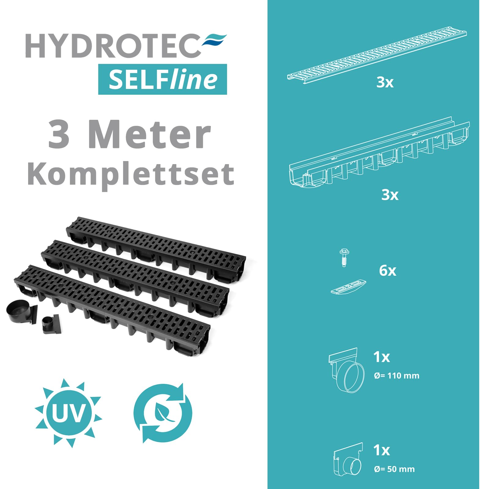 HYDROTEC Kunststoff Entwässerungsrinne SELFline 3er Set Klasse A15 3 Meter