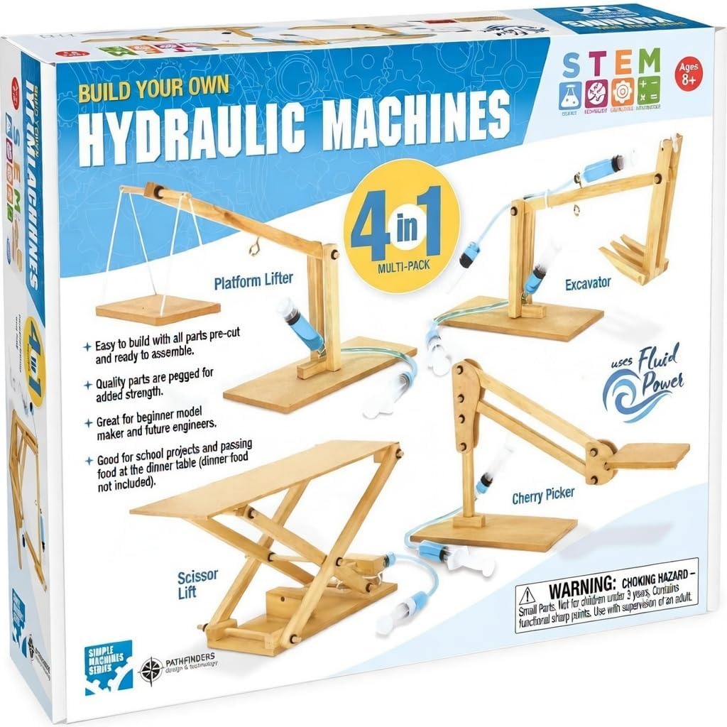 PATHFINDERS STEM Kit- Hydraulics 4-in-1– Build 4 Hydraulic Machines | Engineering Model Kit for Kids 8+ | Educational Science Toy | Learn Physics & Mechanics | Wooden DIY Project