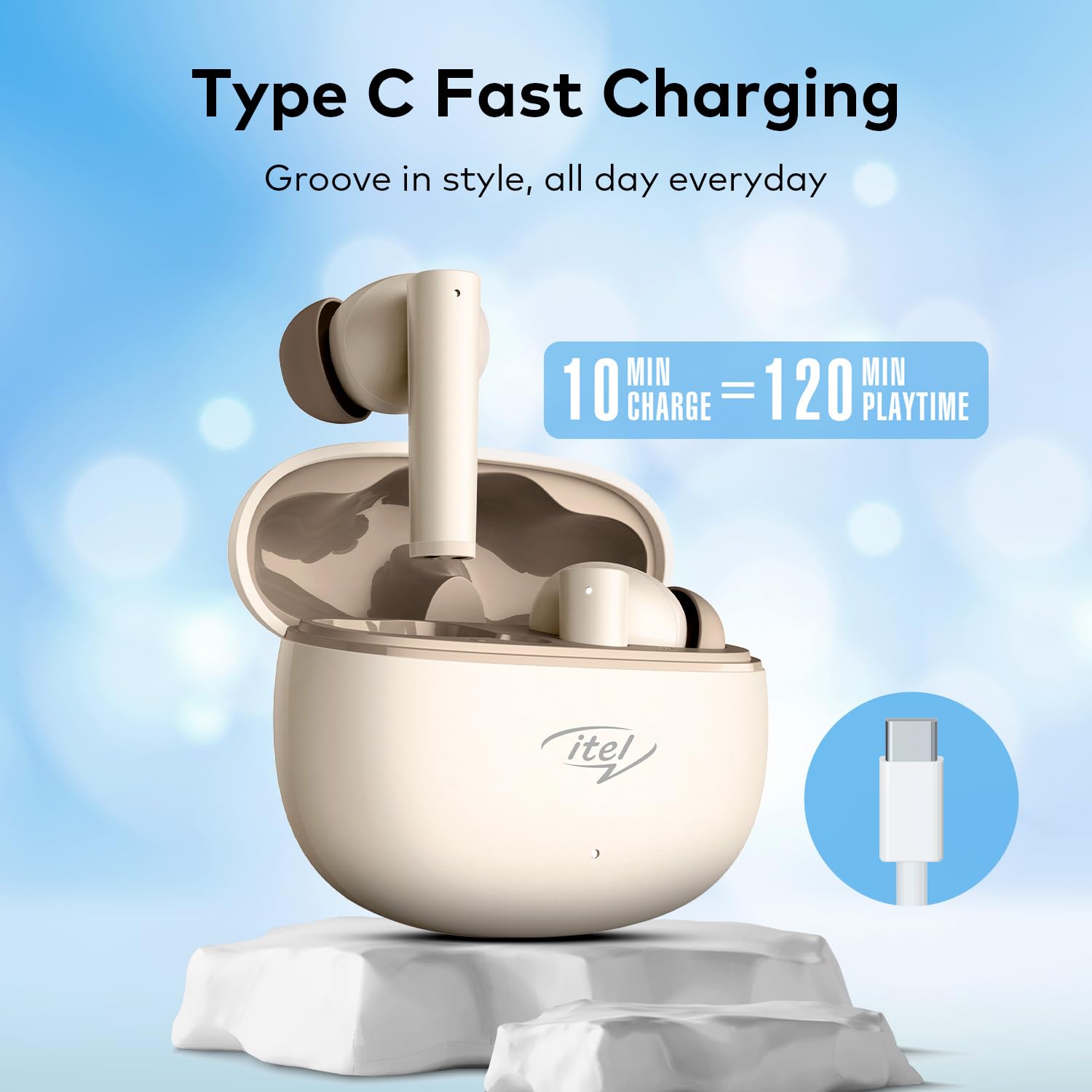 Contents of the Itel Buds Ace 2 package including earbuds, case, and cable