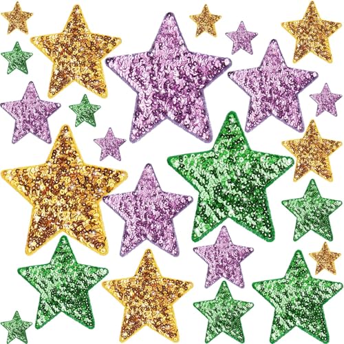 Daifunli 24 Pcs Sequin Star Iron on Patches in 4 Sizes Embroidered Decorative Shiny Stars Patches for Clothing Bags Jackets Jeans Hats Backpacks Costume Accessory(Mardi Gras Color)