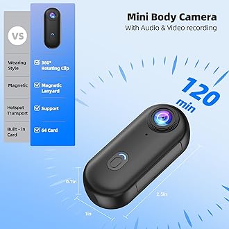 4K Mini Body Camera, 64GB Action Snap Cam, POV Snapcam, Thumb Size Hands Free Recording Body Worn Wearable Camera, Premium Portable Camcorder Mount Anywhere for Work, Travel, Pet Walks (Black)