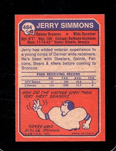 Miniatura 2 de 1973 TOPPS #484 JERRY SIMMONS EXMT BRONCOS