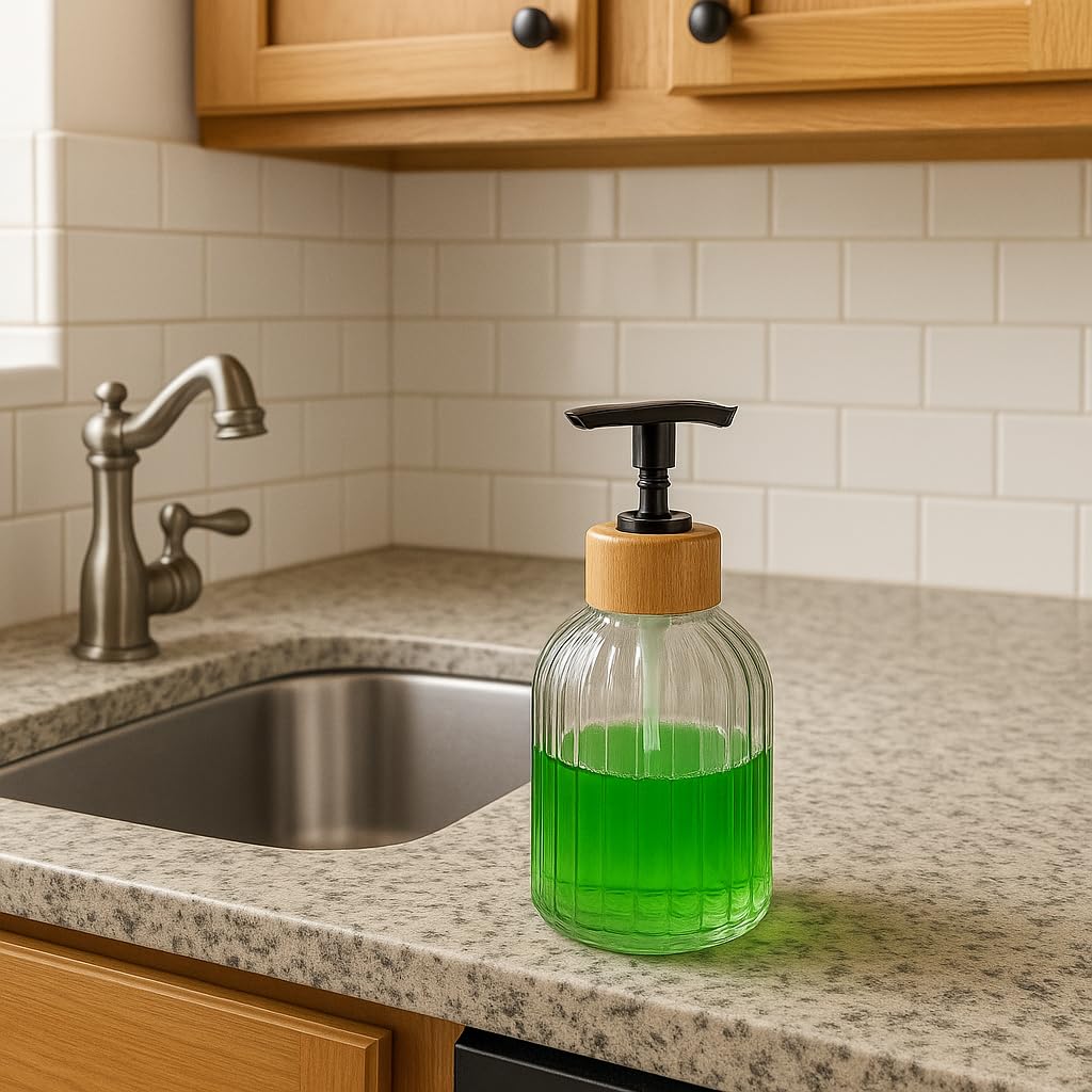Zbern Cam Sıvı Sabunluk – Doğal Bambu Başlıklı | Şeffaf Cam Gövde | Banyo, Mutfak ve Lavabo Üstü Kullanım için Modern Pompalı Sabun Dispenseri 300 ML