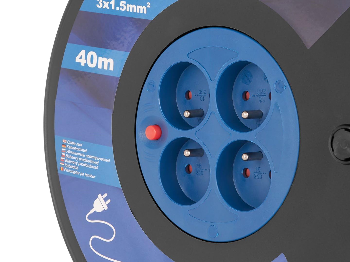 BSD Prolunga Elettrica a Bobina 40m con 4 Prese, Cavo Rame 3x1,5mm2, Ideale per Cantiere e Officina, Manovella per Riavvolgimento, Colore Nero, 7kg