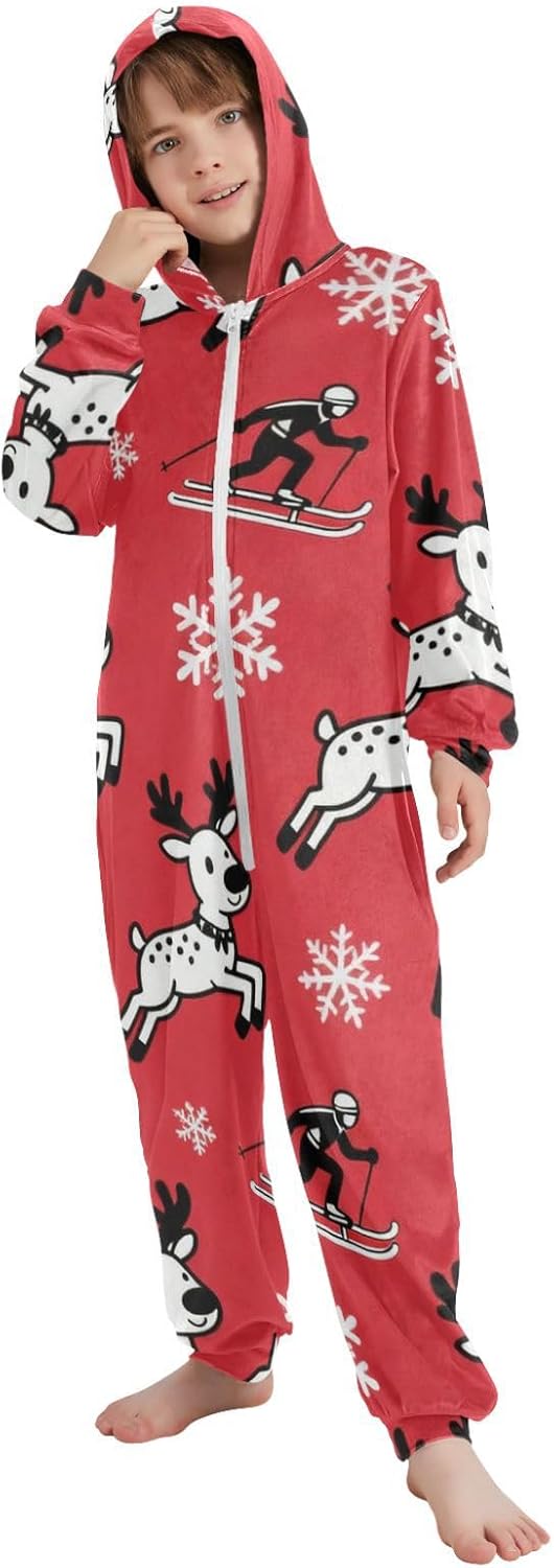 Winter Deer and Snowflake Black and RedPajamaZip Up Hooded One-Piecing Costumefor Christmas Home