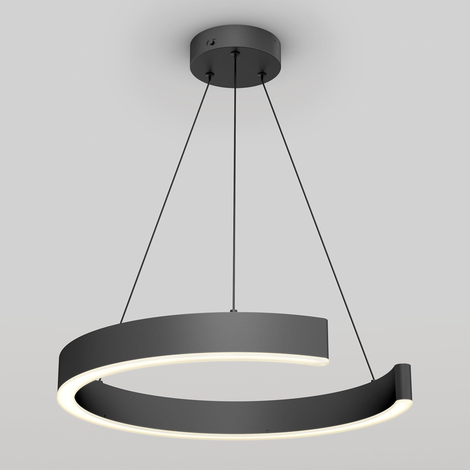 The artika Vance LED Pendant Light installed, showing the ceiling canopy and the semicircular light fixture suspended by thin cables.