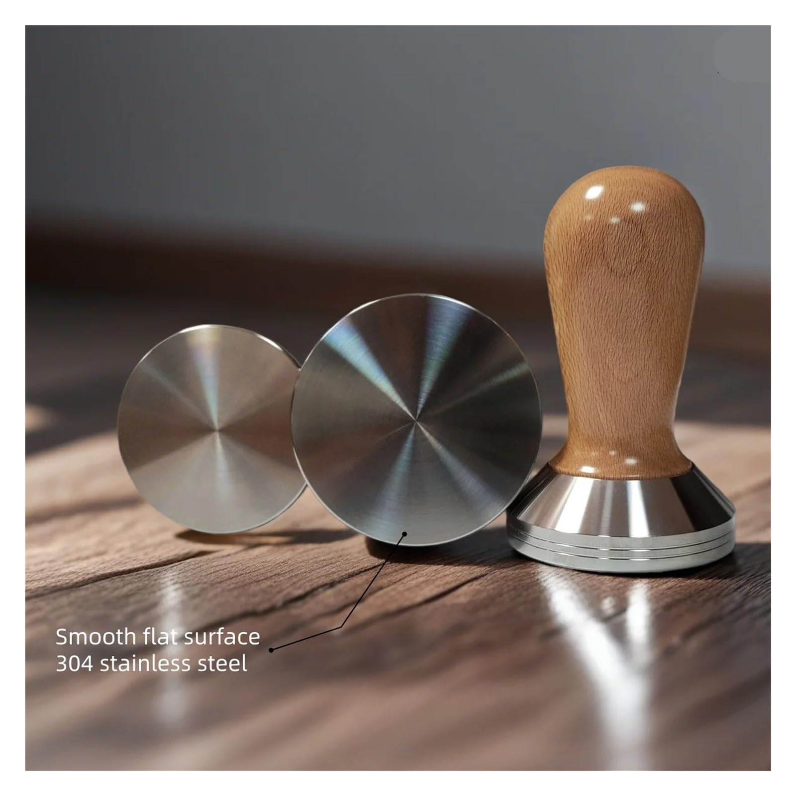 Prensador espresso, mango de madera, base de acero, 51 53 58mm