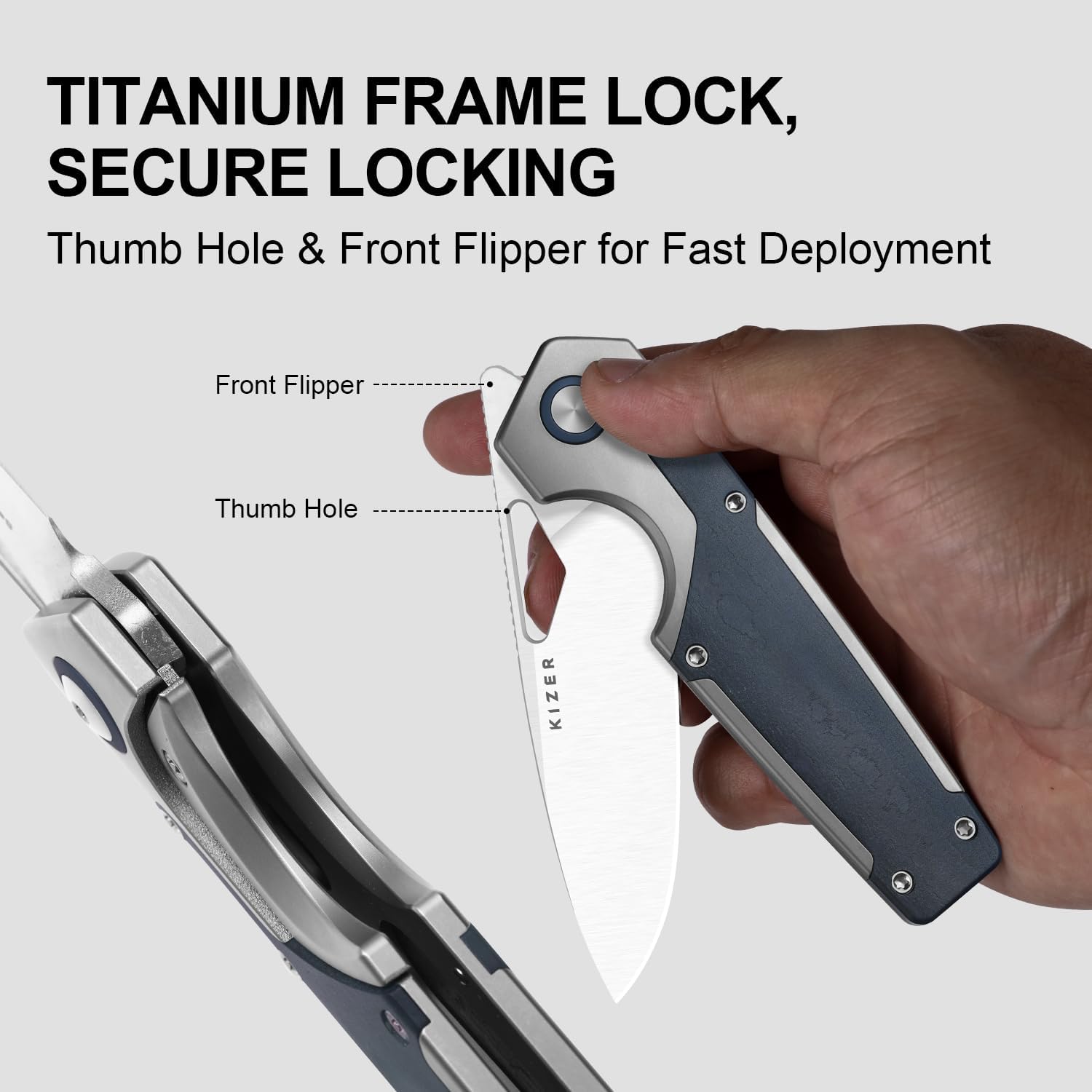 Kizer Serpentine EDC Pocket Knife, showing frame lock and opening mechanisms