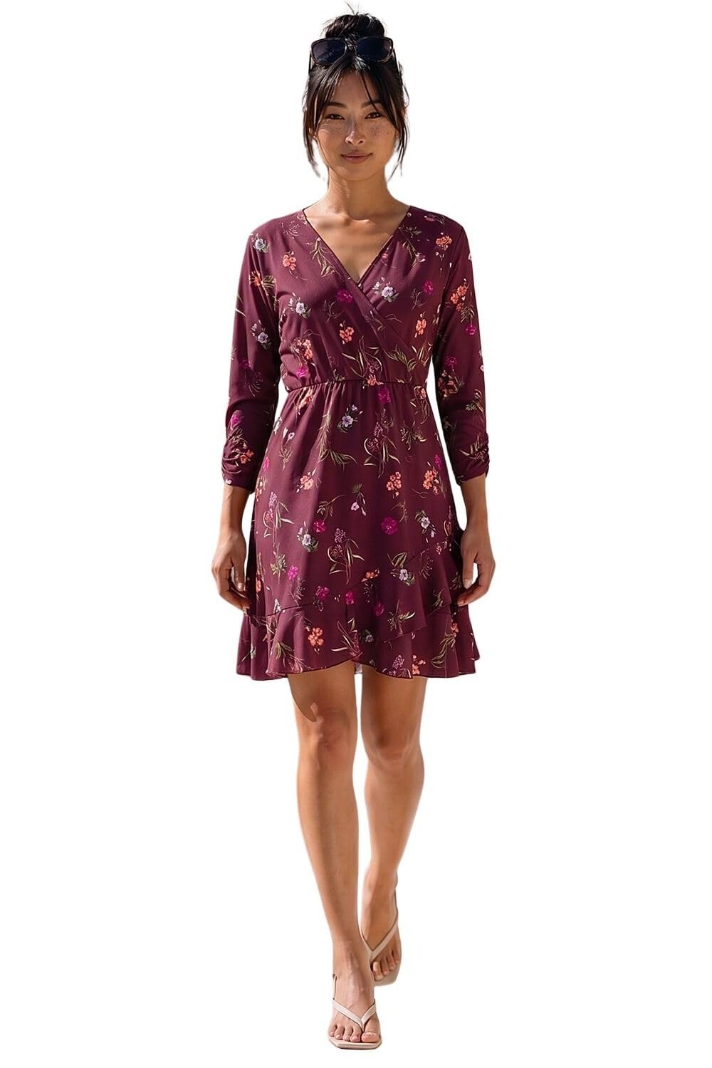 Roman Petite Women's Wine Floral Wrap Frill Stretch Dress Size 12