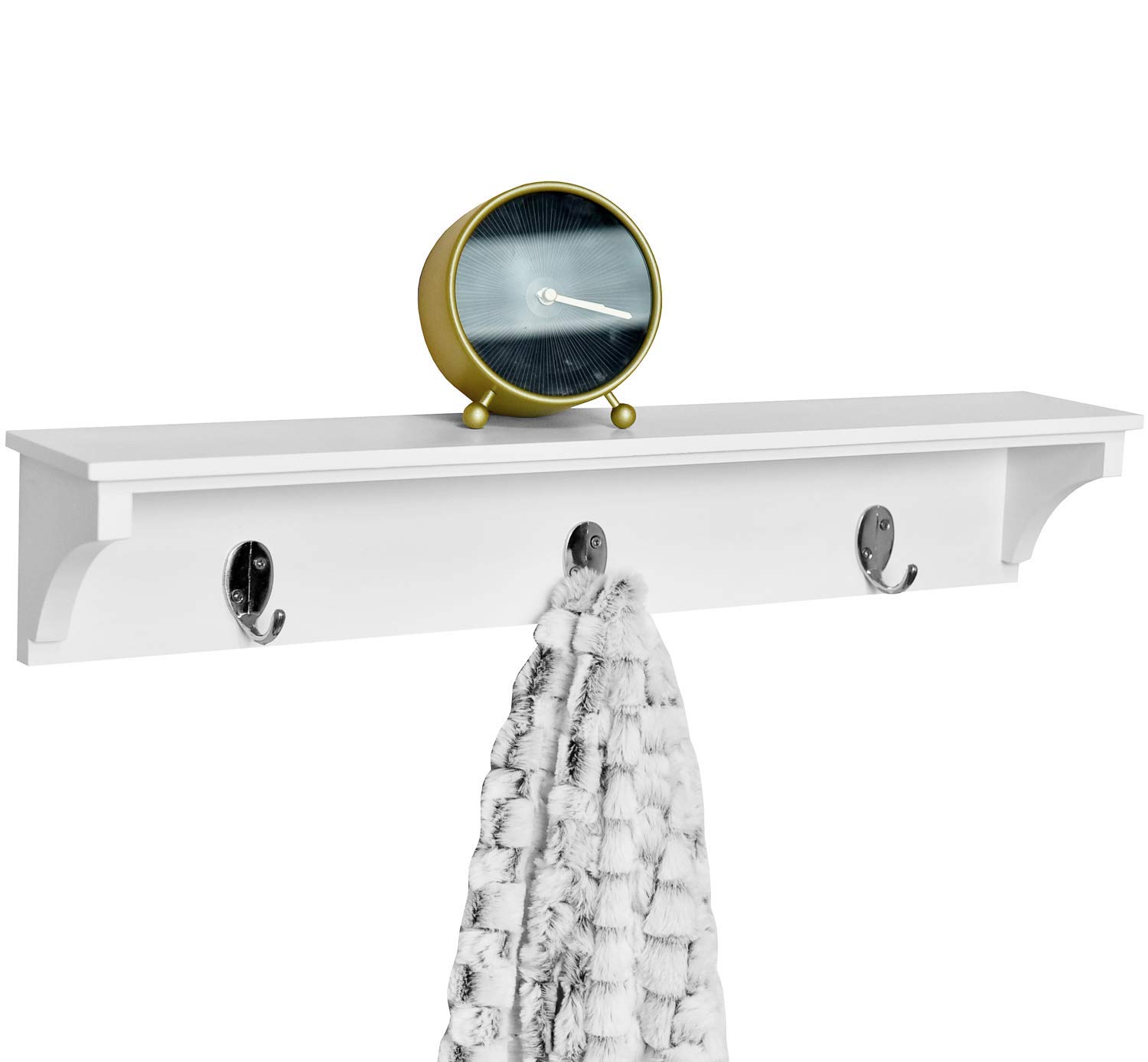 Greenco Entryway Wall Mounted Floating Shelf with Hooks, Hat and Coat Hanging Wooden Storage Shelf, 24” – White