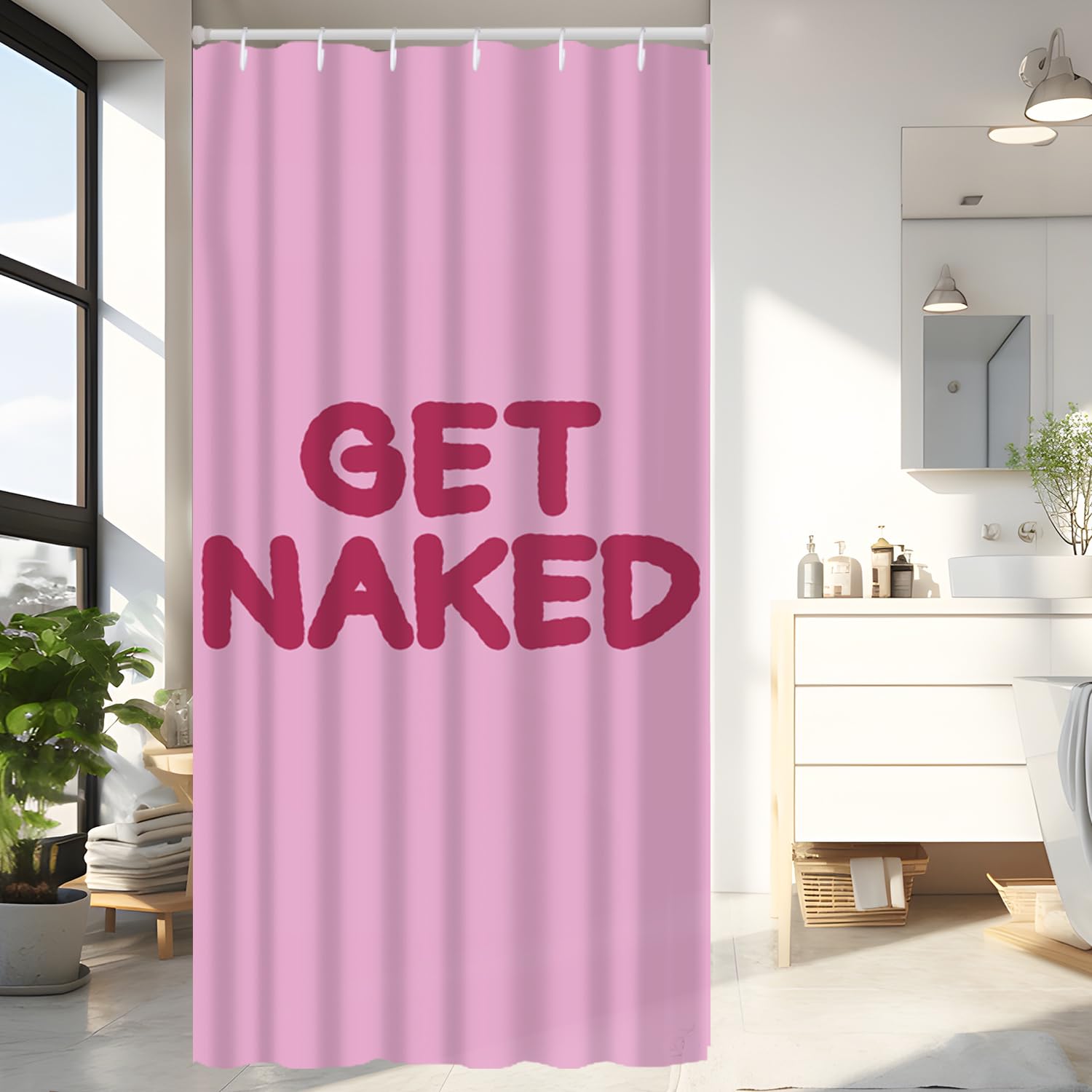 Hongma Pink Get Naked Shower Curtain, 36x72 Inch Polyester Half Size Stall Shower Curtains with Hooks Waterproof Simple Funny Letters Print Decorative