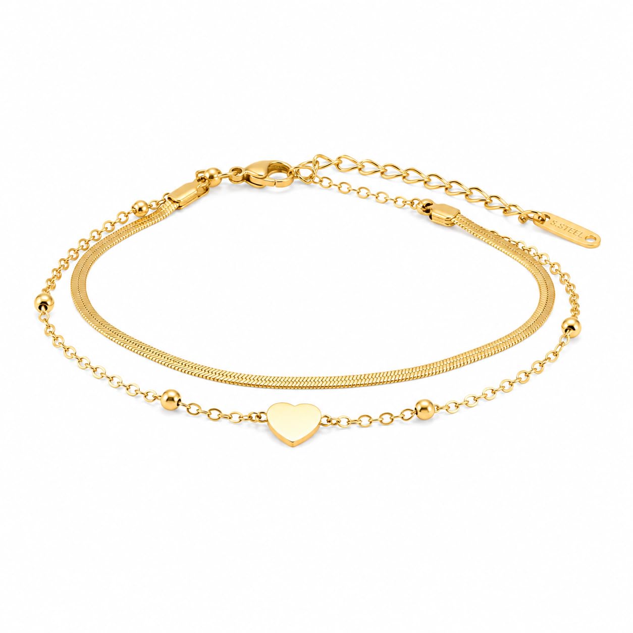 Layered Snake Chain Anklet with Heart Charm | 22K Gold Plated-image-29