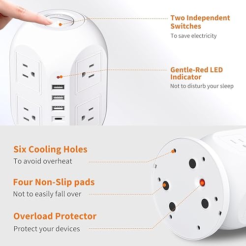 Miniatura 8 de AiJoy - Regleta de alimentación con protector de sobretensiones con 8 tomas, 4 puertos USB (1 USB C), cable de extensión de enchufe plano de 10 pies