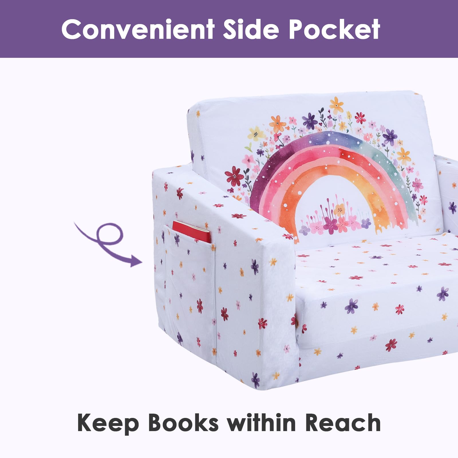 Canapé Pliant pour Enfants Canapé-Lit Convertible 2 en 1, Canapé-Lit pour Bébés Stable Confortable avec Pochette en Tissu, Canapé Chaise Léger pour Chambre à Coucher Salle de Jeux, Arc-en-ciel Fleur