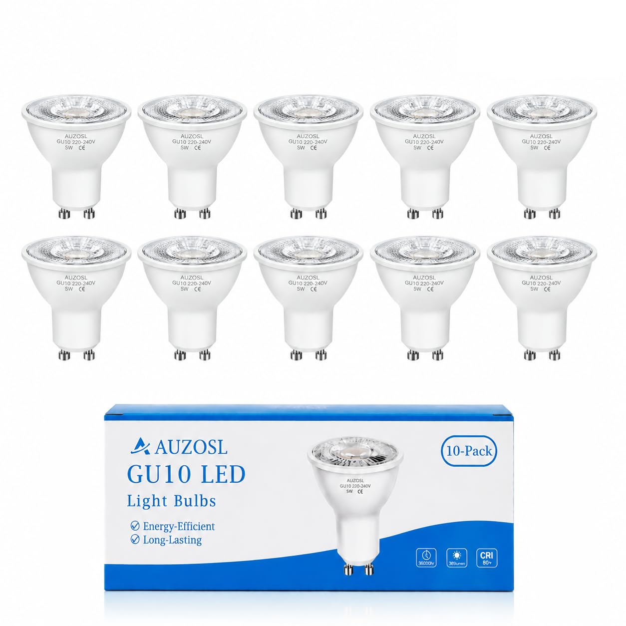 AUZOSL GU10 LED Bulbs 5W Cool White, 6500K, 365lm, Non-Dimmable, 10 Pack (Warm White)