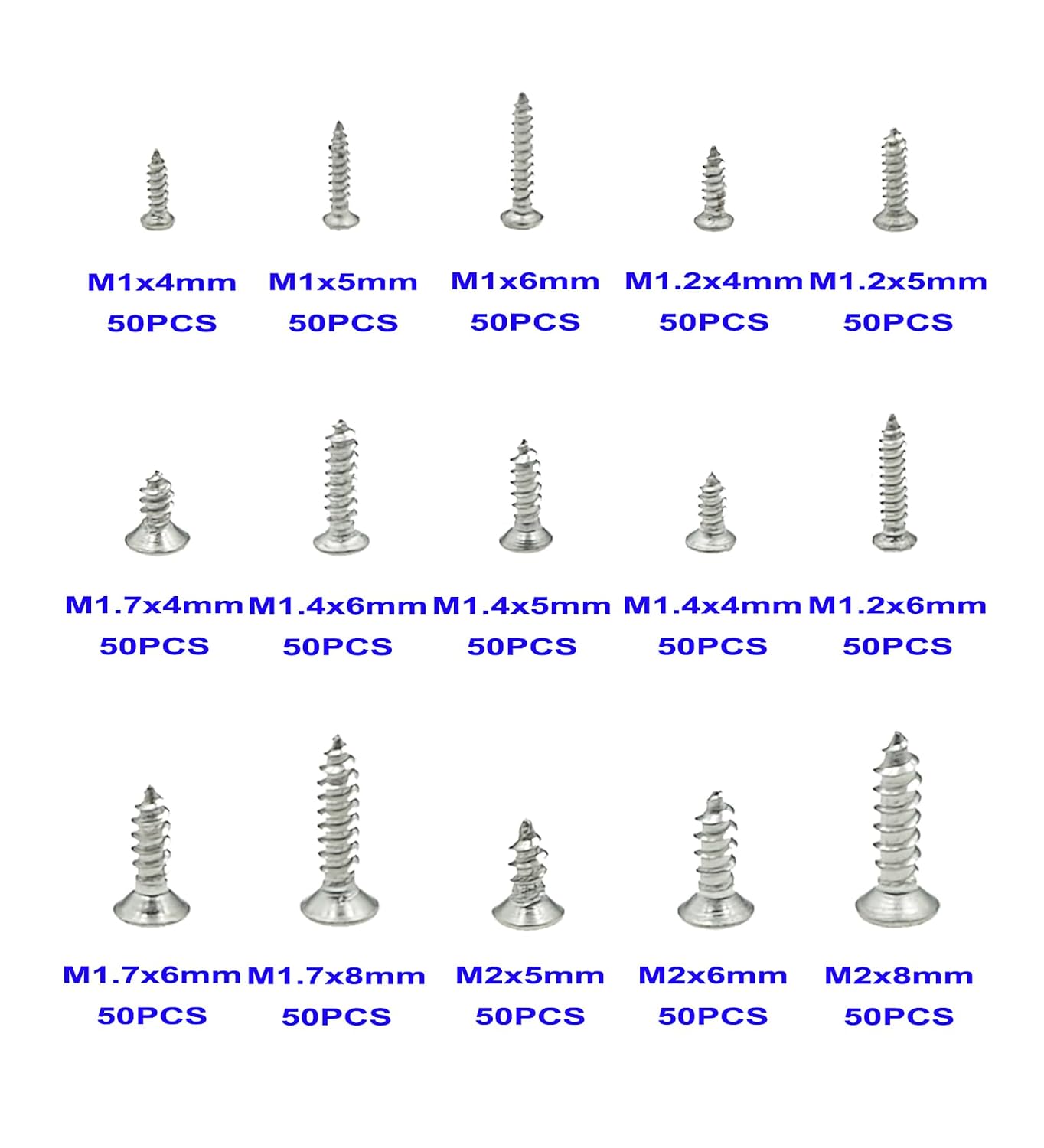 750PCS M1-M2 304 SS Phillips Flat Head Self Tapping Screws Kit