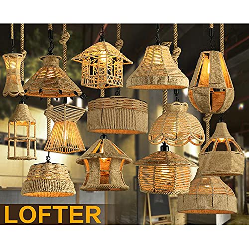 Lustre rural E27 en fer forgé carré et corde de chanvre pour plafond
