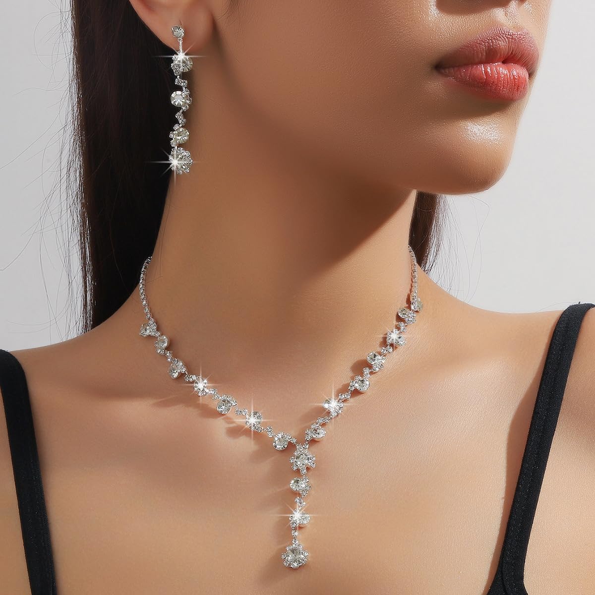 INENIMARTJ Prom Jewelry Sets Silver Jewelry Set for Brides Bridesmaid Elegant Crystal Bridal Wedding Prom Dresses Costume for Women