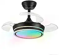 30" Retractable Ceiling Fan with Light, RGB Modern Fandelier 6 Speeds Reversible Blades Dimmable Remote App Control Memory Timer Black