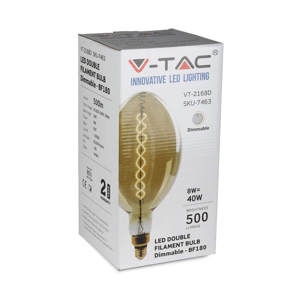 V-TAC Bombilla LED E27 8 W BF180 doble filamento ámbar 2000 K regulable