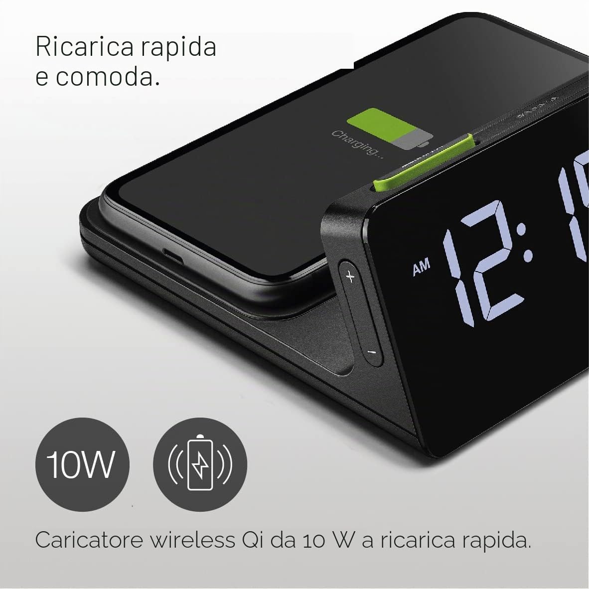 Braun Digital Alarm Clock with VA LCD Display, 10W Qi Wireless Fast-Charging Pad, Automatic Backlight Adjustment, Quick Set, Beep Alarm in Black, model BC21B.
