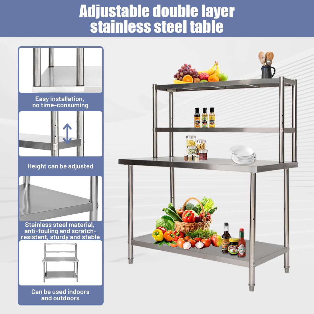 Edelstahl Arbeitstisch,Höhenverstellbarer Küchentisch,Edelstahltisch,Doppelter Aufbewahrung Küche Arbeitstisch,Zerlegetisch Tisch,120x60cm,250 kg Tragkraft,Küchenvorbereitungsarbeit