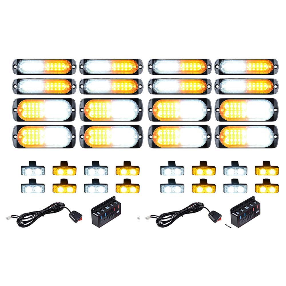 Astra Depot Set Amber White (8X 10-LED and 8X 20-LED) with Combo 8pcs White 8pcs Amber 2-LED Flashing Strobe Lights Bar Emergency Warning Caution Hazard