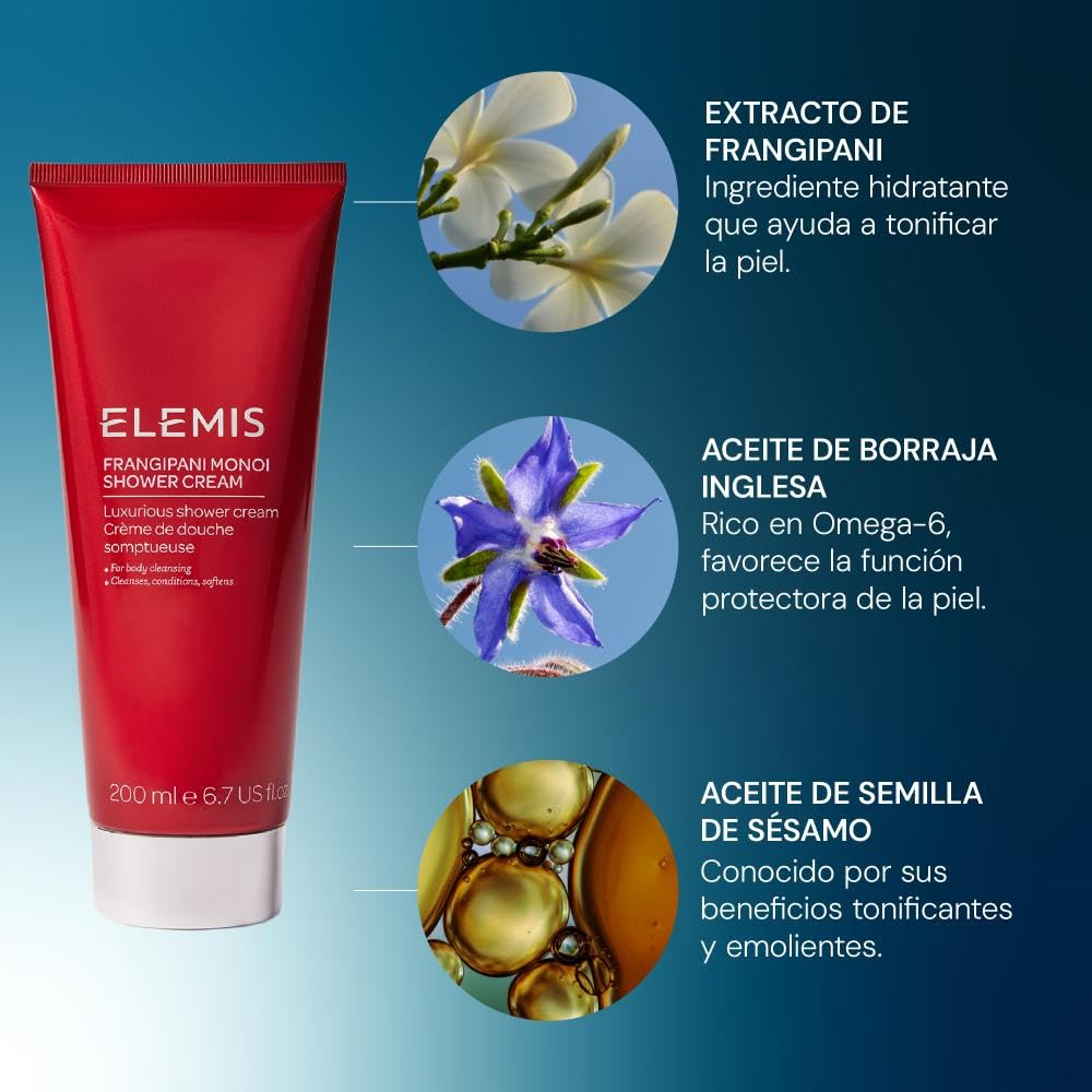 Elemis Body Care - Crema corporal Frangipani Monoi, crema de ducha y gel de baño refrescante, cuidado de la piel con aroma exótico para uso diario
