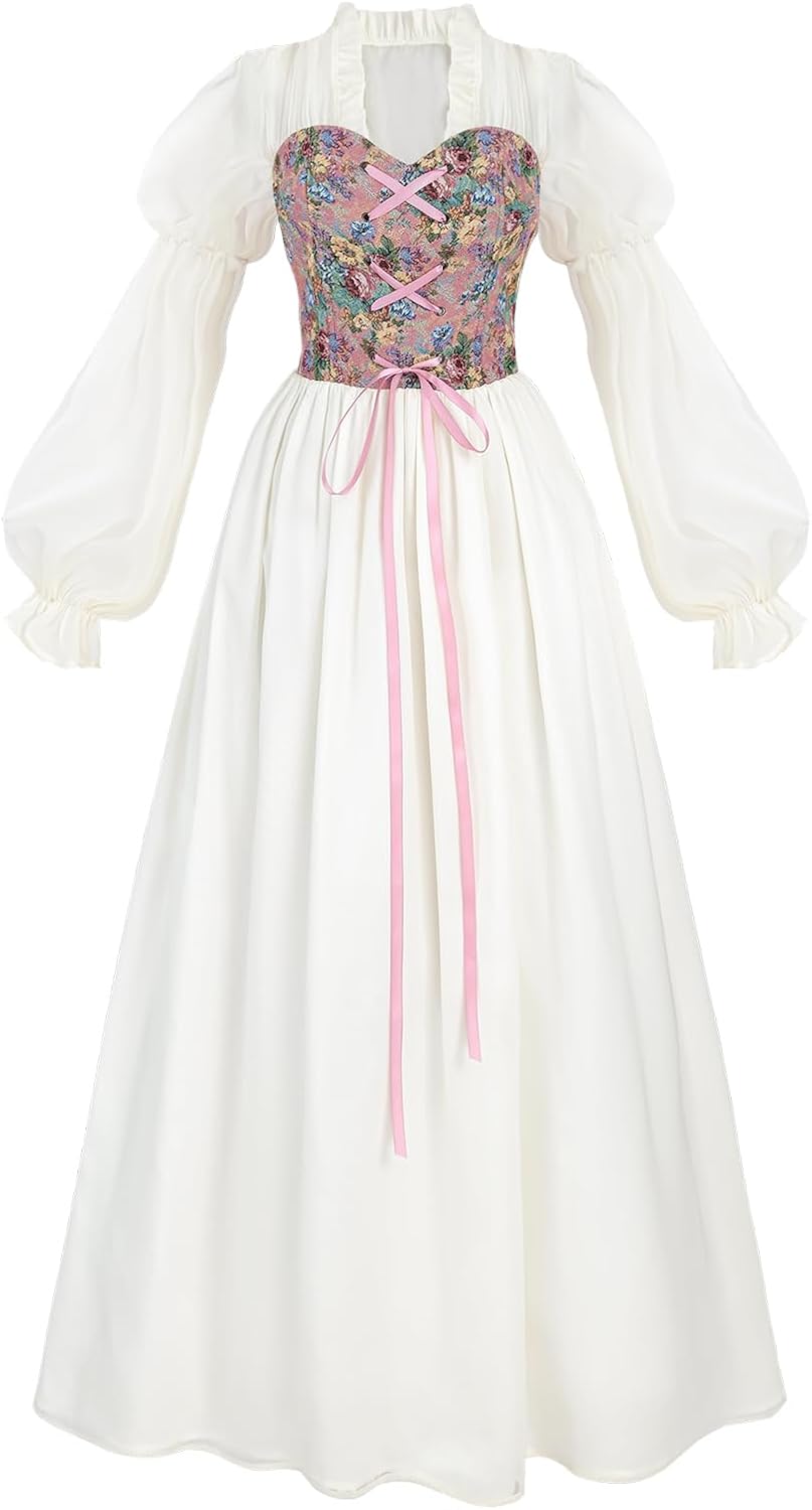 LTAKK Renaissance Dress Women Victorian Costume Ren Fair Medieval Dresses with Floral Corset