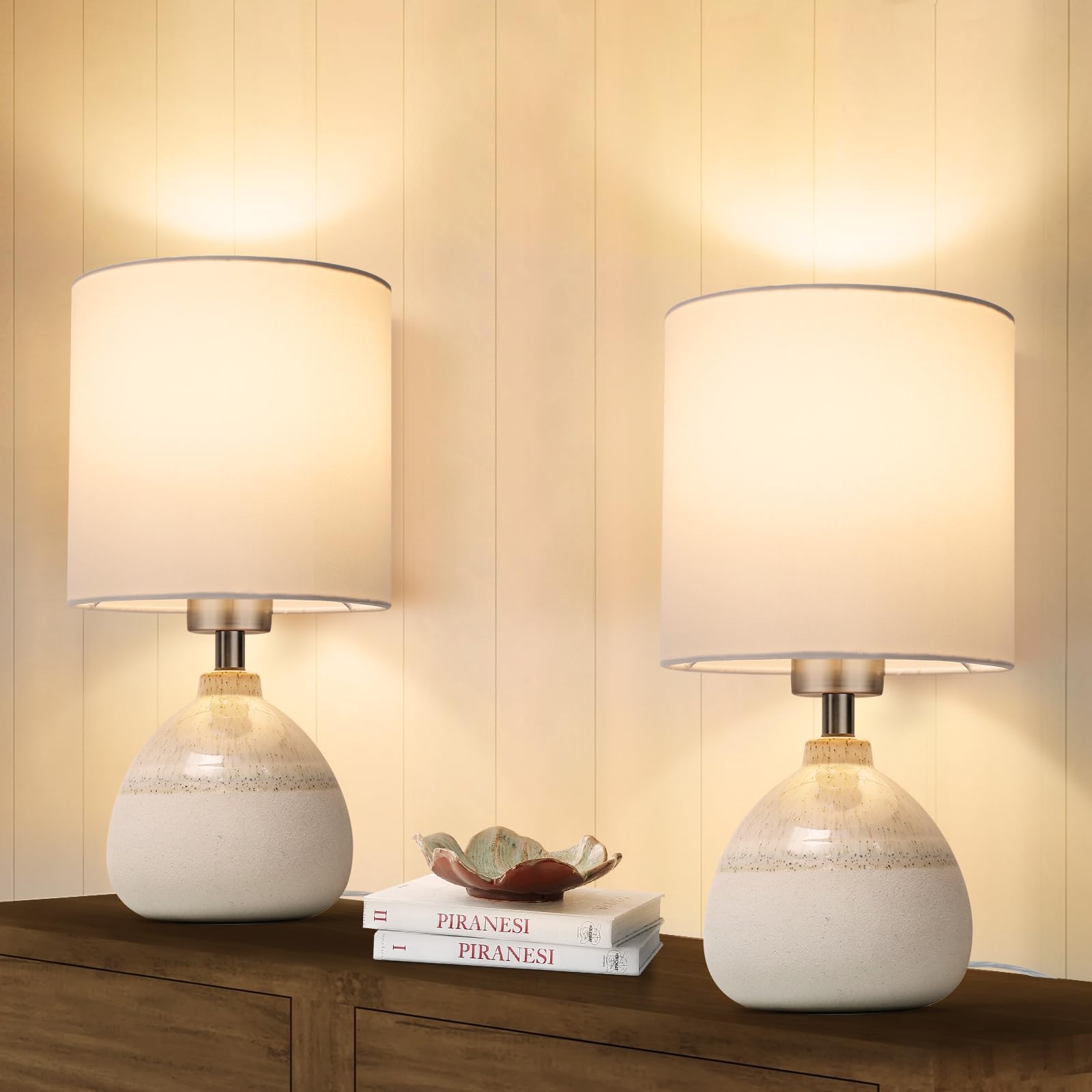 Table Lamps Bedside, Set of 2 Ceramic Bed Side Lamps with White Lampshade, Modern Desk Lamp for Living Room Bedroom Office Nightstand, 5W LED Bulbs Included