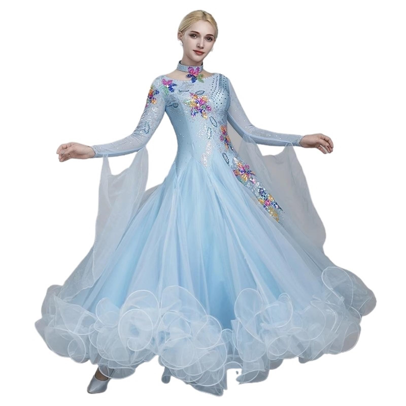 Shbhws Women's Blue Ballroom Dance Competition Dress National Standard Modern Clothestango Waltz Stage Costumes Used For Dance Performances(,Xl)