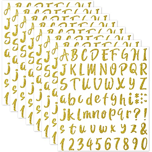 Outus 576 Pieces 8 Sheets Glitter Letters Stickers Self Adhesive Vinyl Letter Alphabet Number Stickers Mailbox Numbers Sticker, Decals for Classroom Decor, Sign, Door (Gold, 1 Inch)