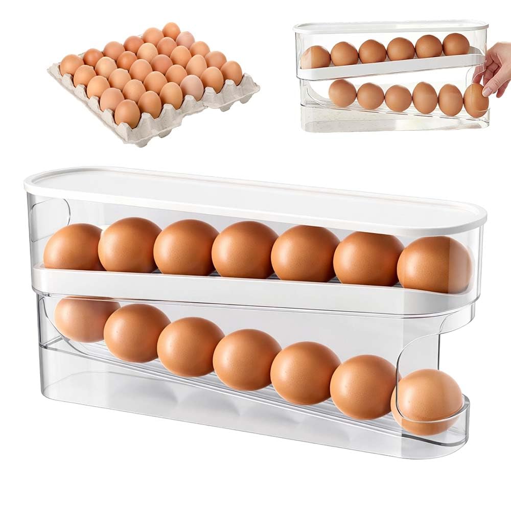 Ypzvx 1Pcs Egg Holder For Fridge,Refrigerator Egg Organizer,Slope Automatic Eggs Roller Dispenser, Kitchen Countertop Egg Storage Rack Space Saving,Double-Layer,Transparent (1Pcs)