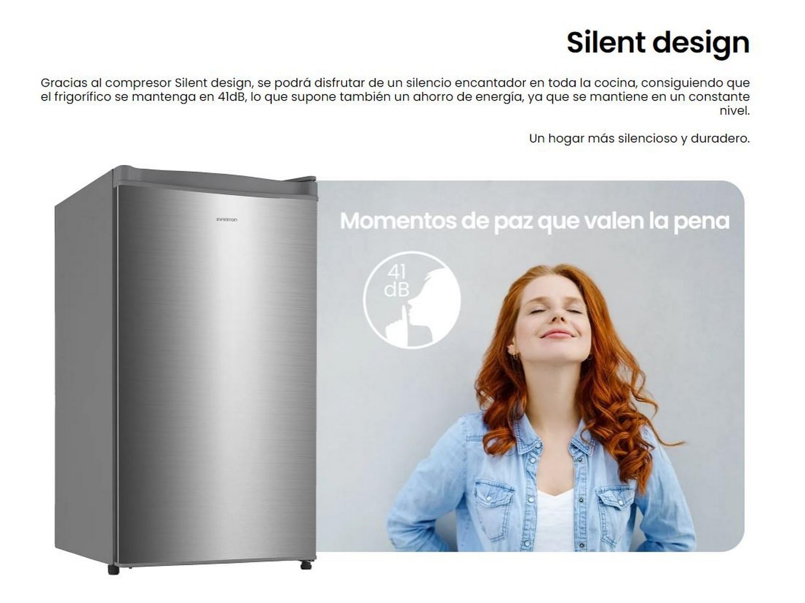 INFINITON Frigorifico Una puerta CL-92L8XEG, 88 litros, 83 cm de Altura, Tecnología Defrost, Iluminación LED interior, E, Equipamiento interior con perfiles cromados, Inox