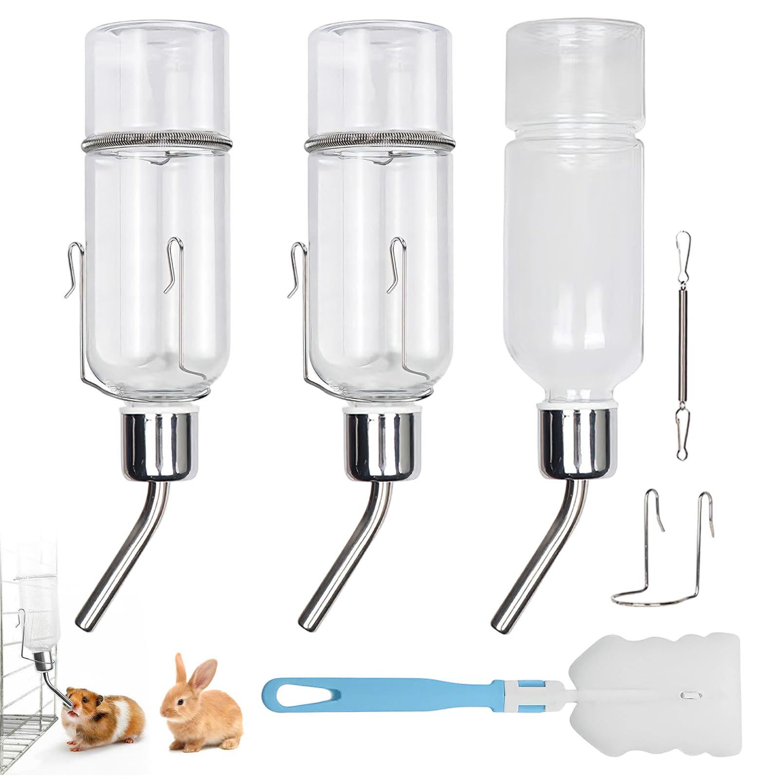 3 PCS 350ml Rabbit Water Bottle, Transparent Hanging Water Dispenser Bottles Non Drip with Holder and Cleaning Brush for Guinea Pig Hamster Chinchillas Pet