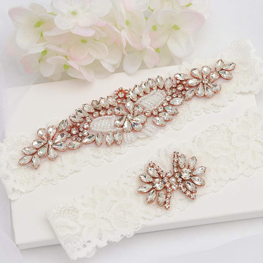 Giarrettiera da Sposa in Pizzo Floreale, Accessori da Sposa Reggicalze in Pizzo Elasticizzato-Bianco AG_M, Giarrettiera in Pizzo con Nastro di Raso (Bianco L)
