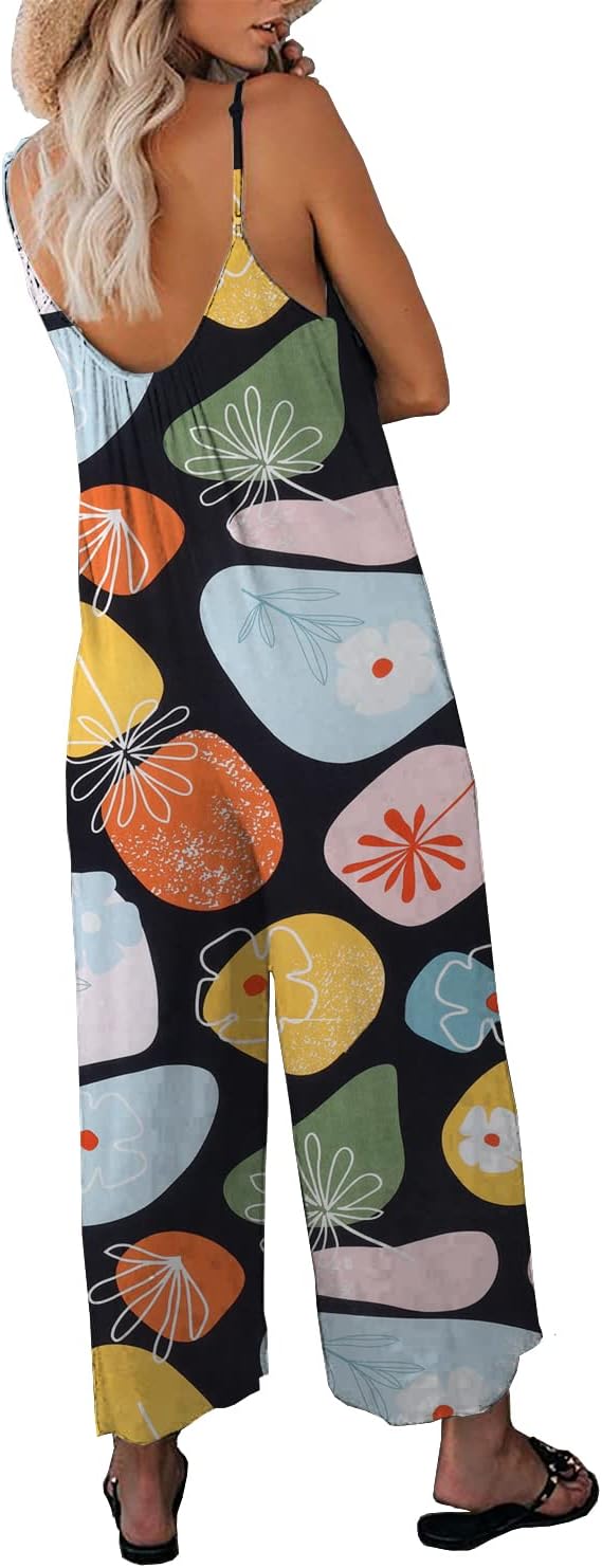 Womens Casual Loose Sleeveless Bohemian Beach Jumpsuits Spaghetti Strap Wide Leg Rompers with Pockets LTK - Image 2