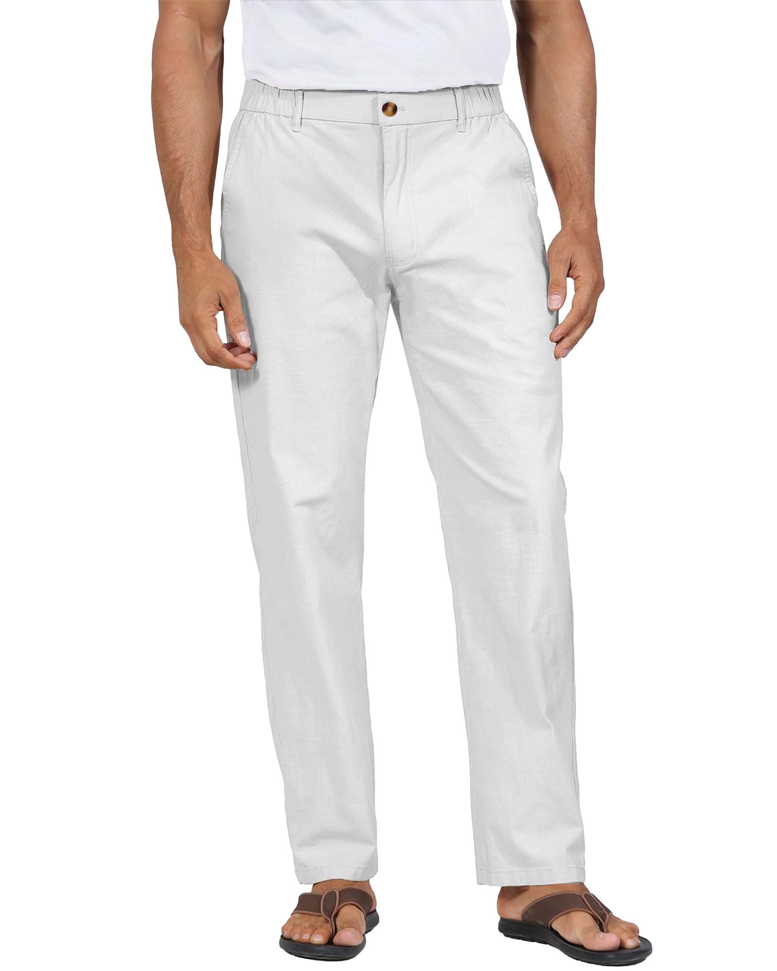 YAOHUOLEMen's Linen Pants Lightweight Elastic Waist Trousers Casual Summer Beach Wedding