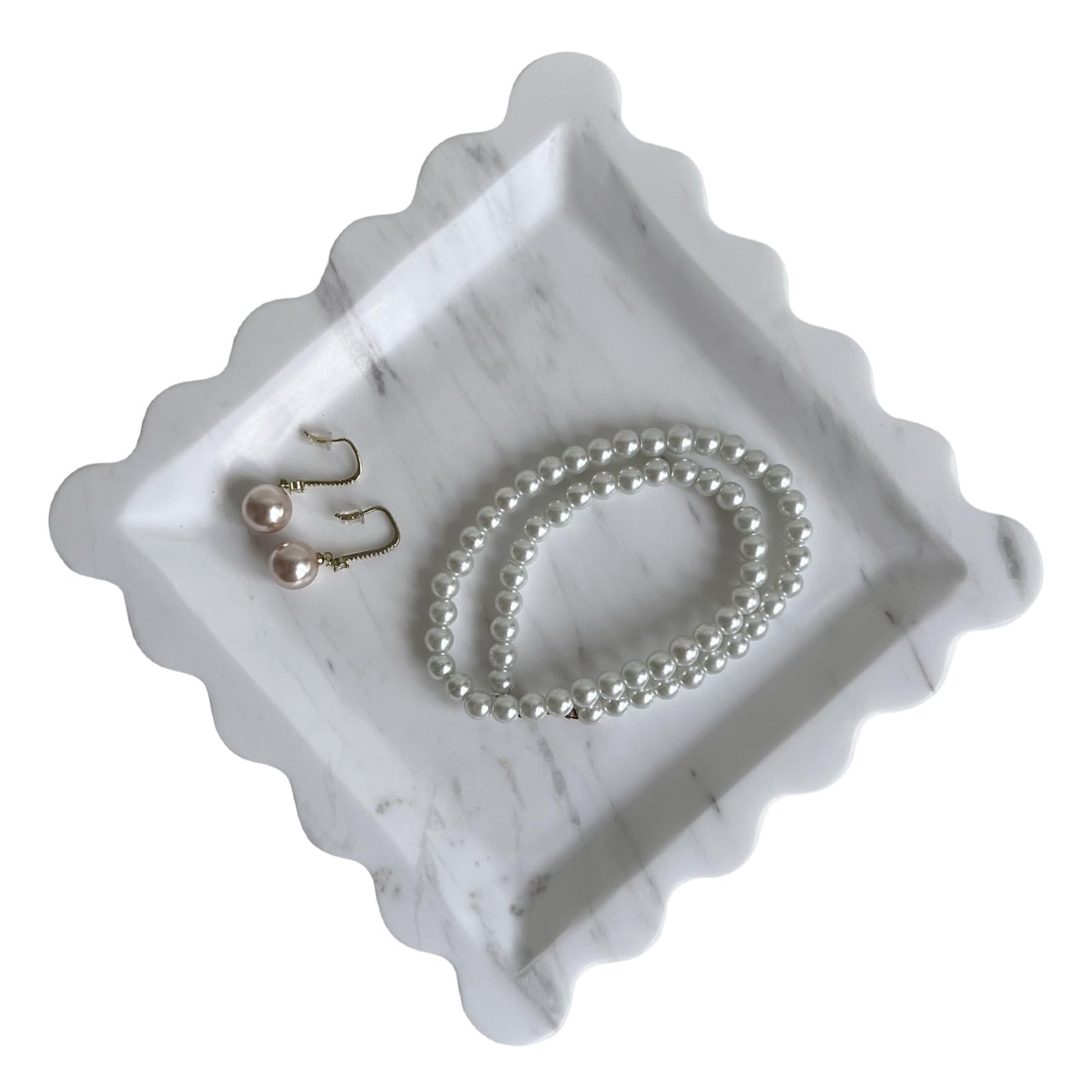 SAIDKOCC Vintage Natural Marble Tray Small Ornaments Scalloped Tray Handmade Storage Dish for Counter, Vanity, Dresser, Nightstand and Desk (Volakas