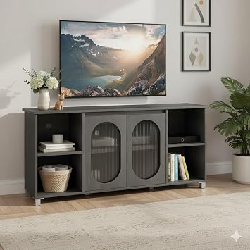 CABIHOME Rustic TV Stand, 71 Modern Entertainment Center with Corrugated Glass Cabinet Doors, Media Console for 60/65/70 inch Television, TV Stands for Living Room/Bedroom, Black