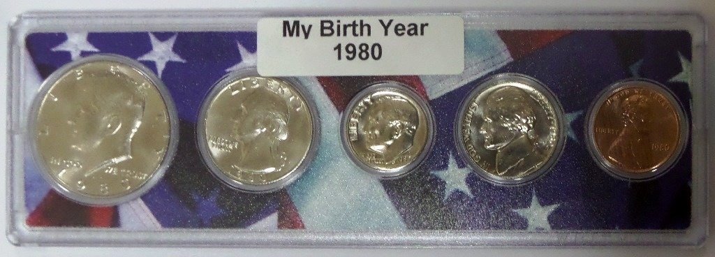 1980-5 Coin Birth Year Set in American Flag Holder Uncirculated Thumbnail